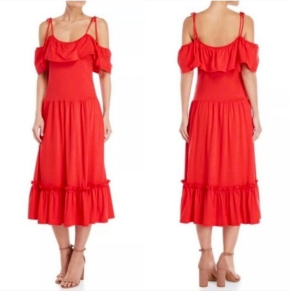 Rebecca Minkoff Mojave Red Off the Shoulder Tier Midi Summer Dress Size S - Picture 1 of 8